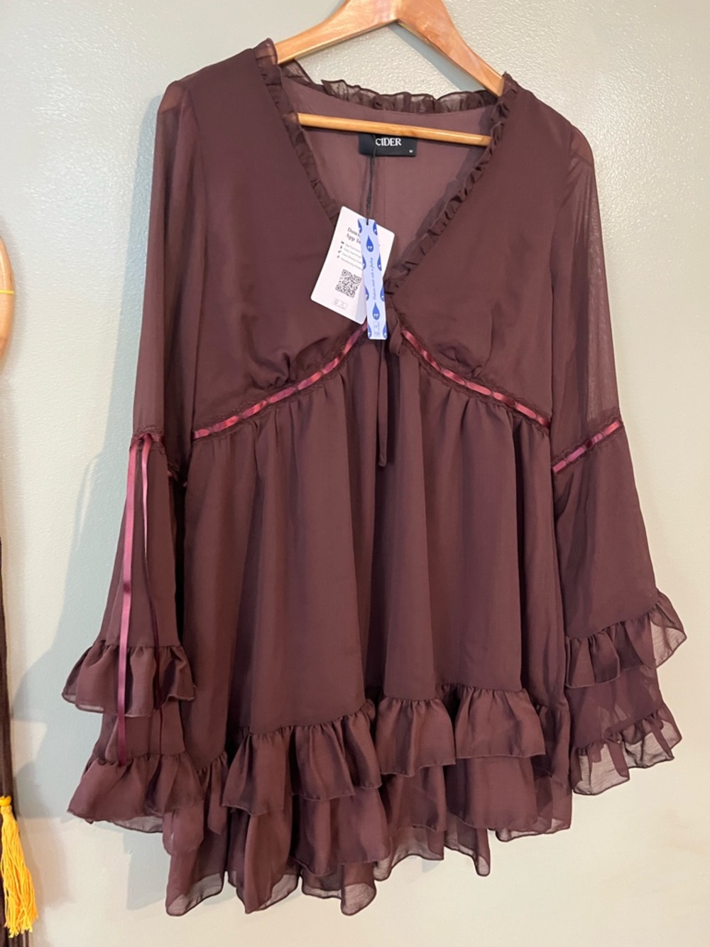 Sheer Ruffle V-Neck Mini Dress in Chocolate Brown By Cider Baby Doll M NWT - Picture 3 of 12